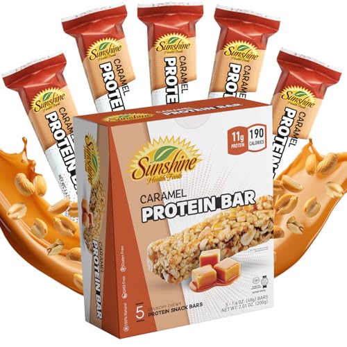Sunshine Caramel Protein Bars box with five wrapped bars